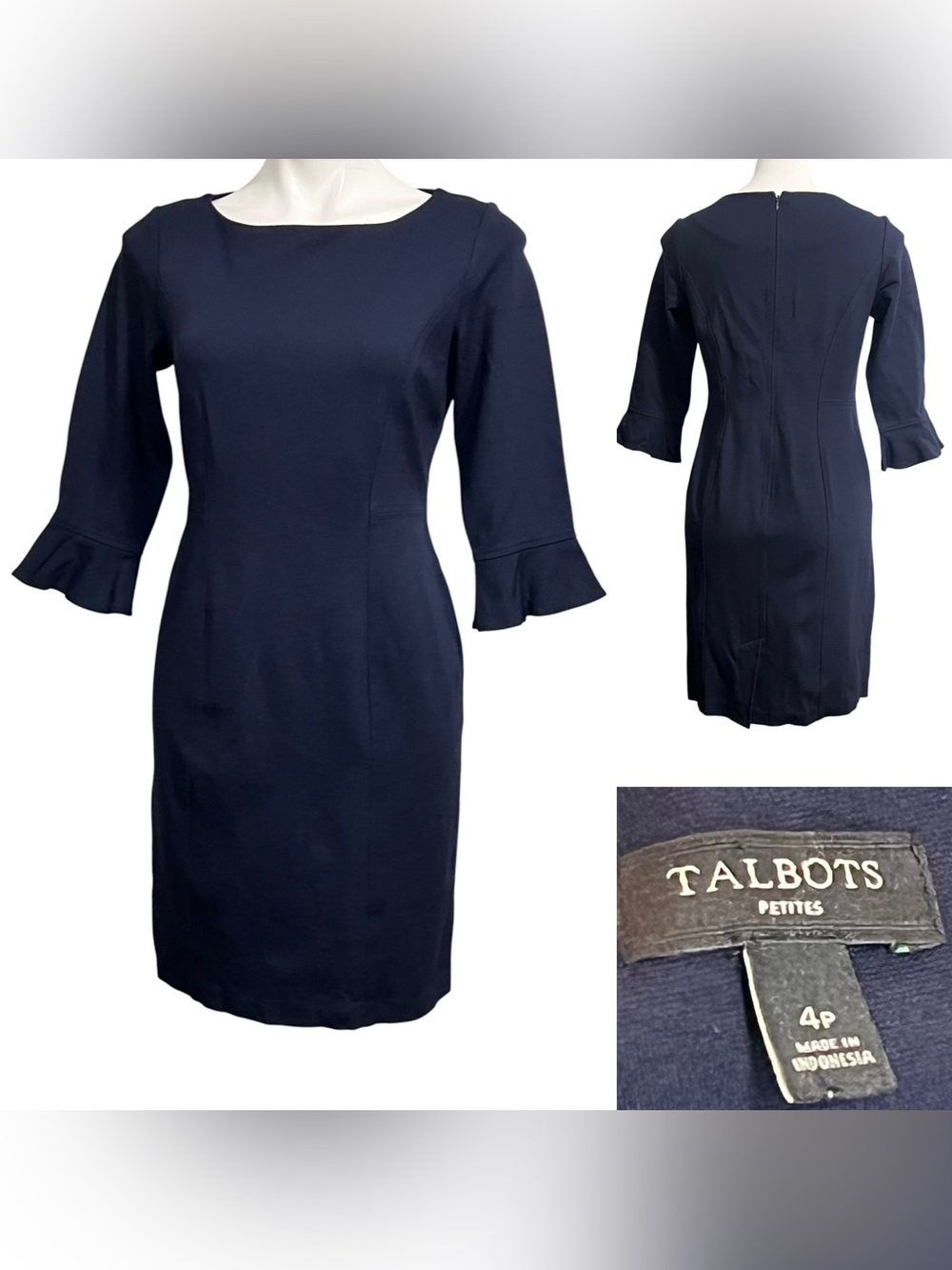 Talbots Navy Sheath Dress with Ruffled 3/4 Sleeves